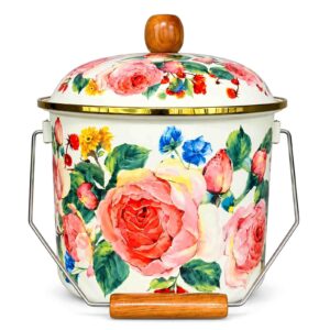 Floral 22 cm enamel milk pail with lid and carrying handle on white background.