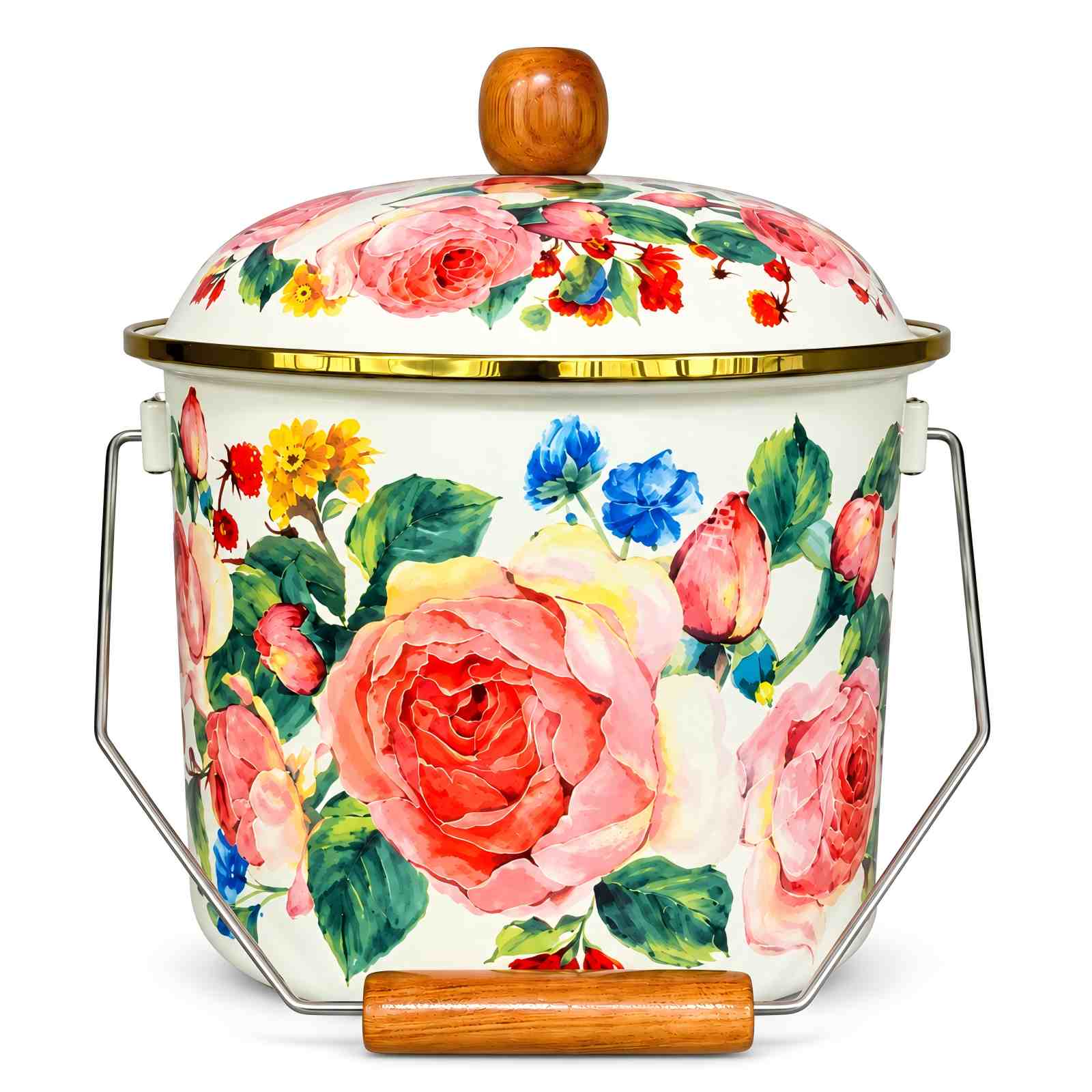 Floral 22 cm enamel milk pail with lid and carrying handle on white background.