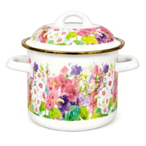 Pink purple floral 16 cm extra-thick double handle enamel pot