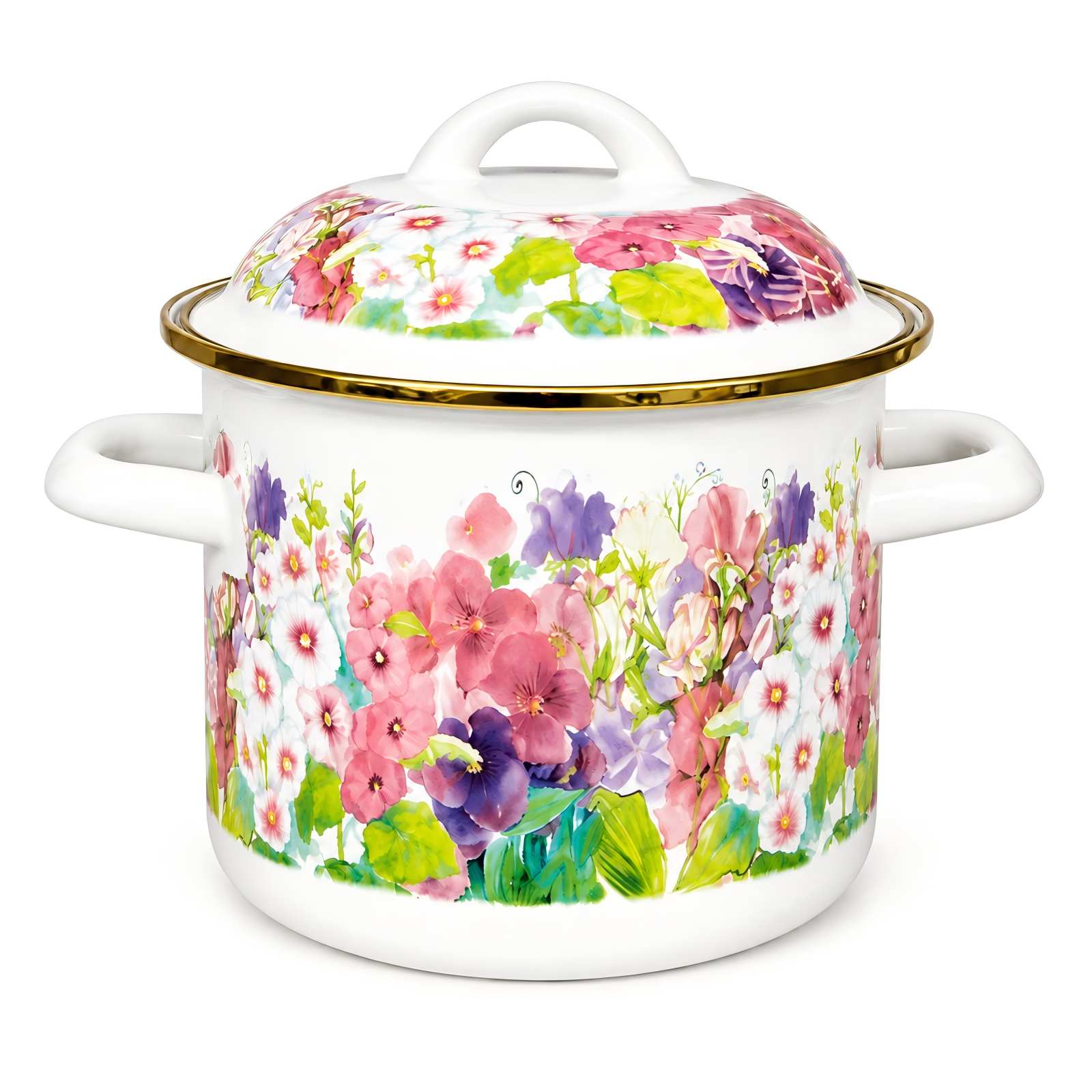 Pink purple floral 16 cm extra-thick double handle enamel pot