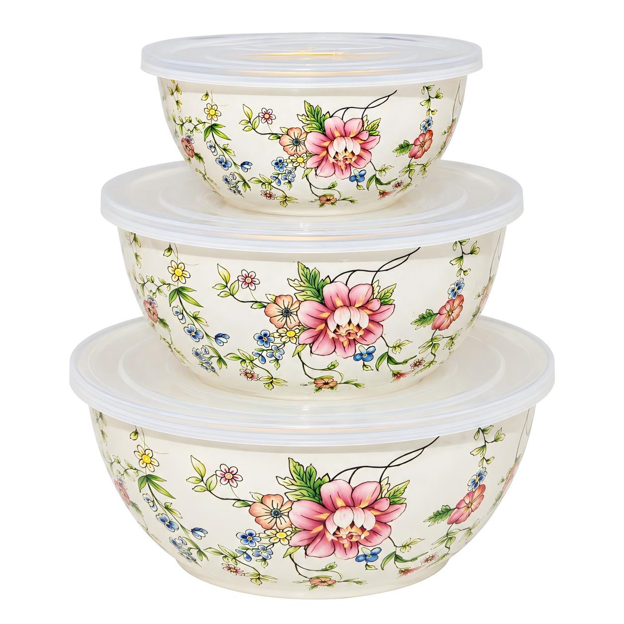 Rose Pattern Enamel Salad Bowl Set, 16/22/26 cm