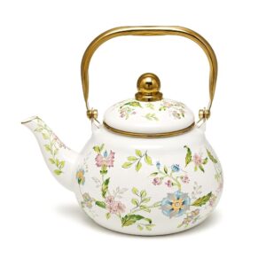 Fragrant Flowers Gold-Rim Pear-Shaped Enamel Kettle with Gold Handle, 1.5 L