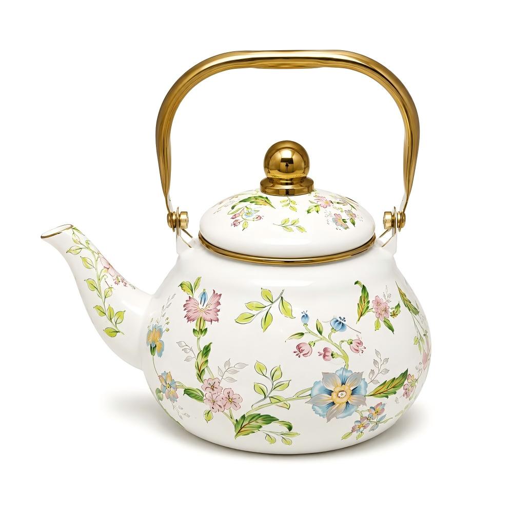 Fragrant Flowers Gold-Rim Pear-Shaped Enamel Kettle with Gold Handle, 1.5 L