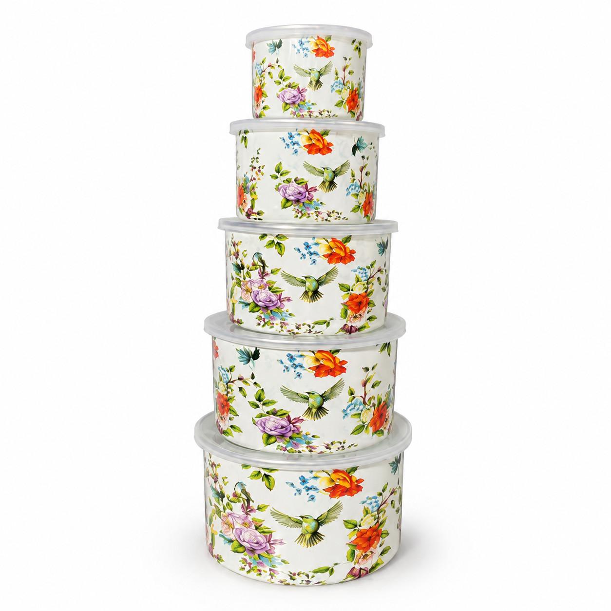 Birds & Flowers 5-Piece Tall Enamel Bowl Set, 10/12/14/16/18 cm