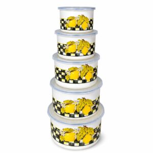 Checkered Lemons 5-Piece Tall Enamel Bowl Set, 10/12/14/16/18 cm