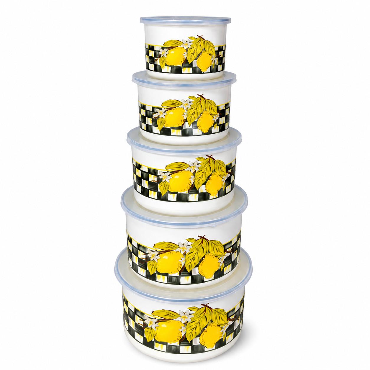 Checkered Lemons 5-Piece Tall Enamel Bowl Set, 10/12/14/16/18 cm