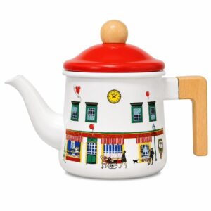 Red Street Scene Enamel Kettle with Wooden Handle, 1 L