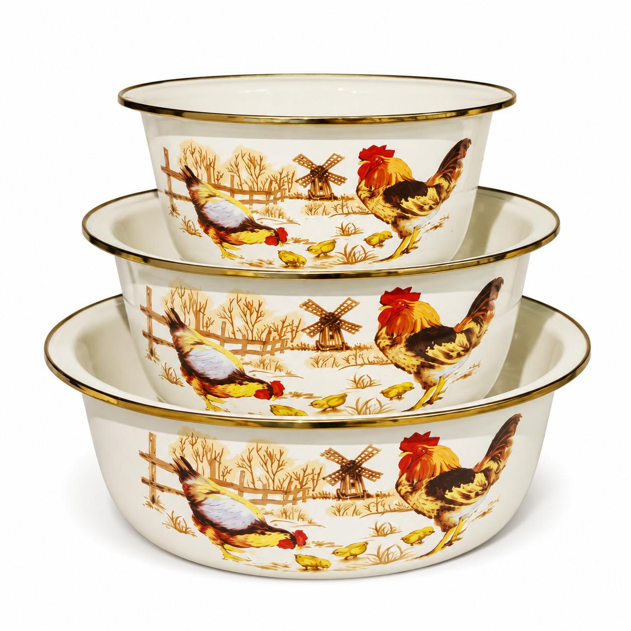 Rooster Gold-Rim 3-Piece Enamel Basin Set, 24/28/32 cm