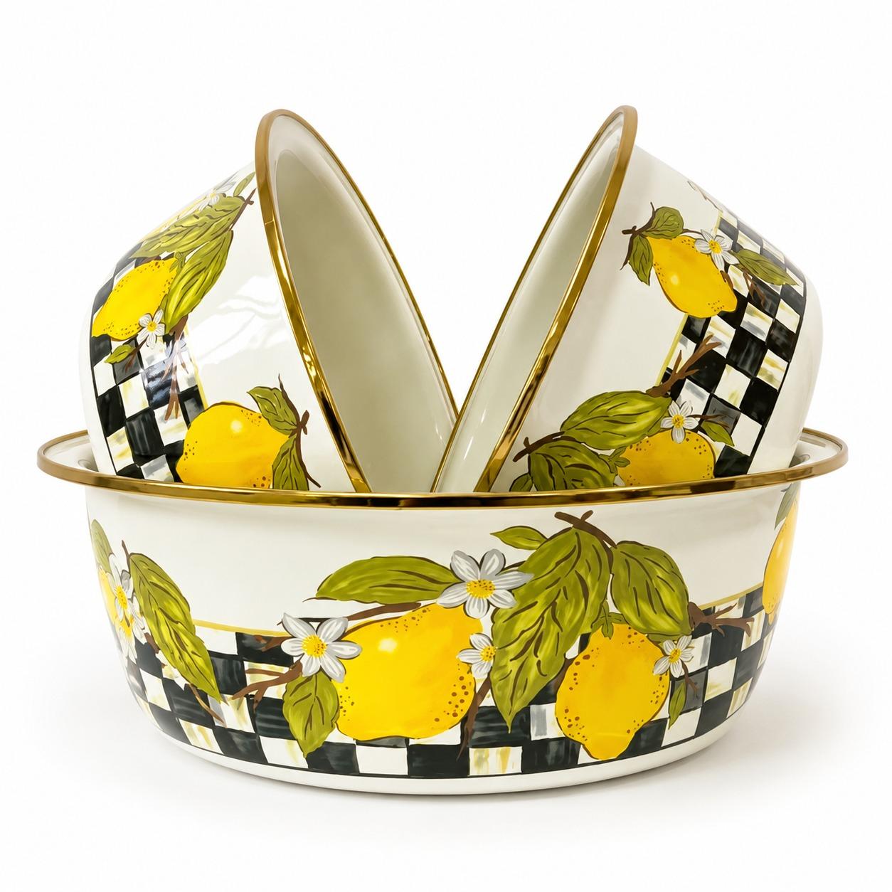 Checkered Lemons 3-Piece Enamel Basin Set, 24/28/32 cm