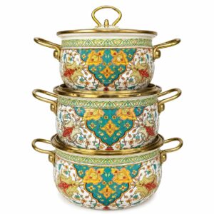 Russian Floral Gold-Rim 3-Piece Enamel Pot Set, 18/20/22 cm