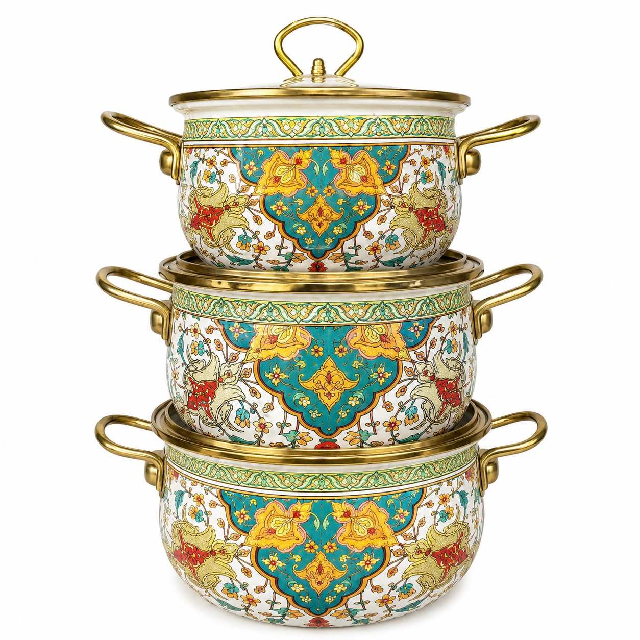 Russian Floral Gold-Rim 3-Piece Enamel Pot Set, 18/20/22 cm