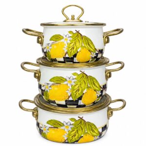 Checkered Lemons Gold-Rim 3-Piece Enamel Pot Set, 18/20/22 cm