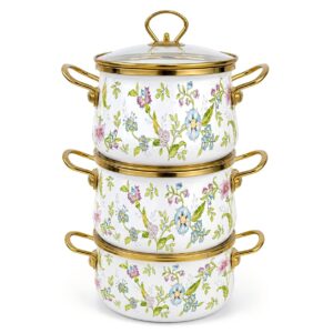 Fragrant Flowers Extra-Thick Korean-Style Enamel Pot Set, 18/20/22 cm