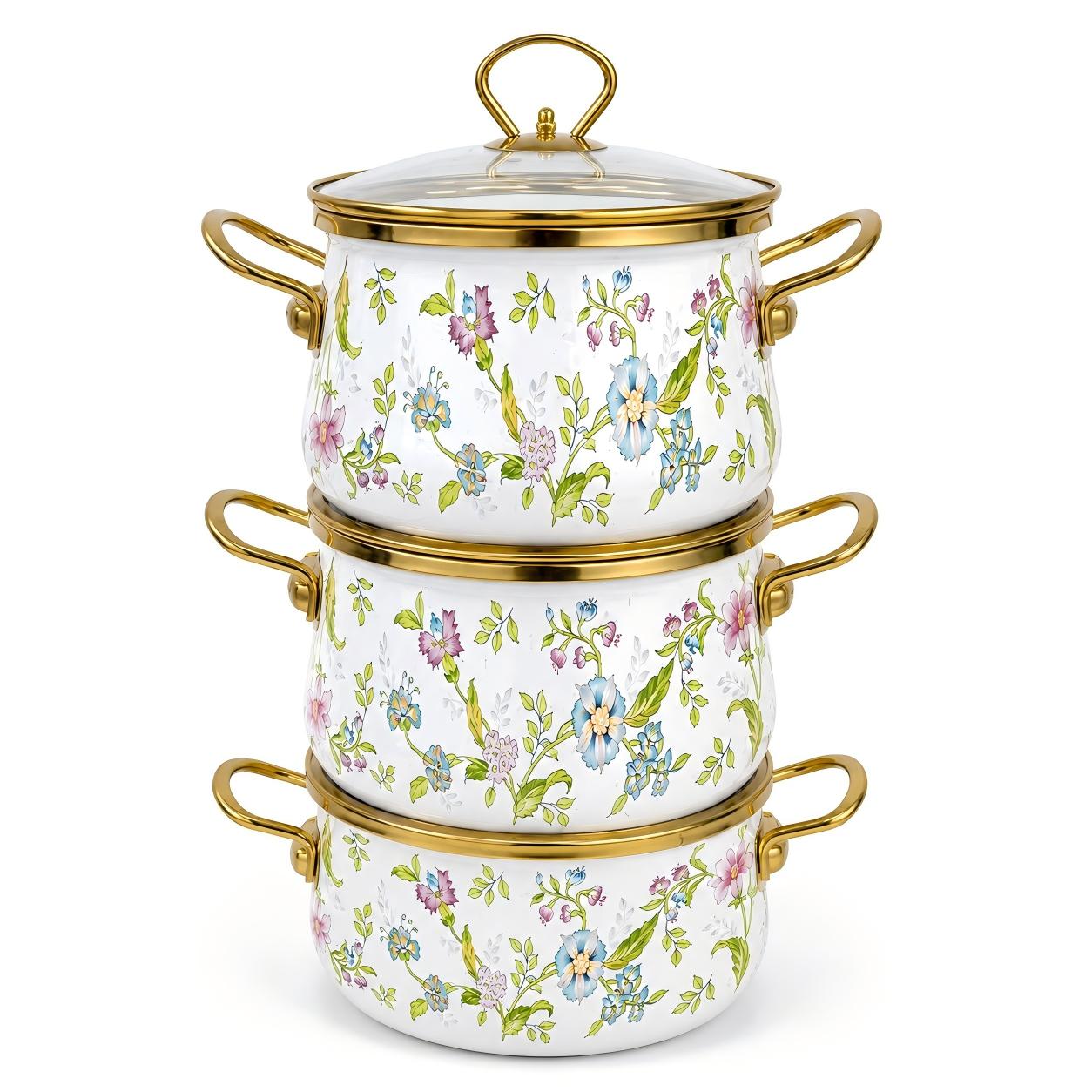 Fragrant Flowers Extra-Thick Korean-Style Enamel Pot Set, 18/20/22 cm