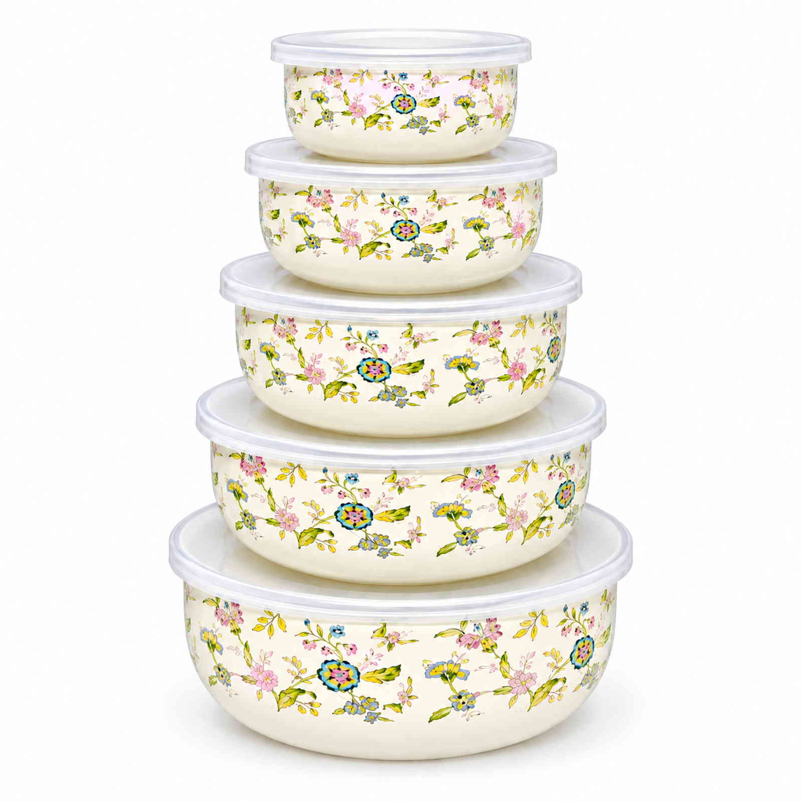 Fragrant Flowers round-bottom enamel bowl set, 10 / 12 / 14 / 16 / 18 cm
