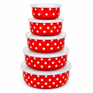 Red Polka Dots round-bottom enamel bowl set, 10 / 12 / 14 / 16 / 18 cm