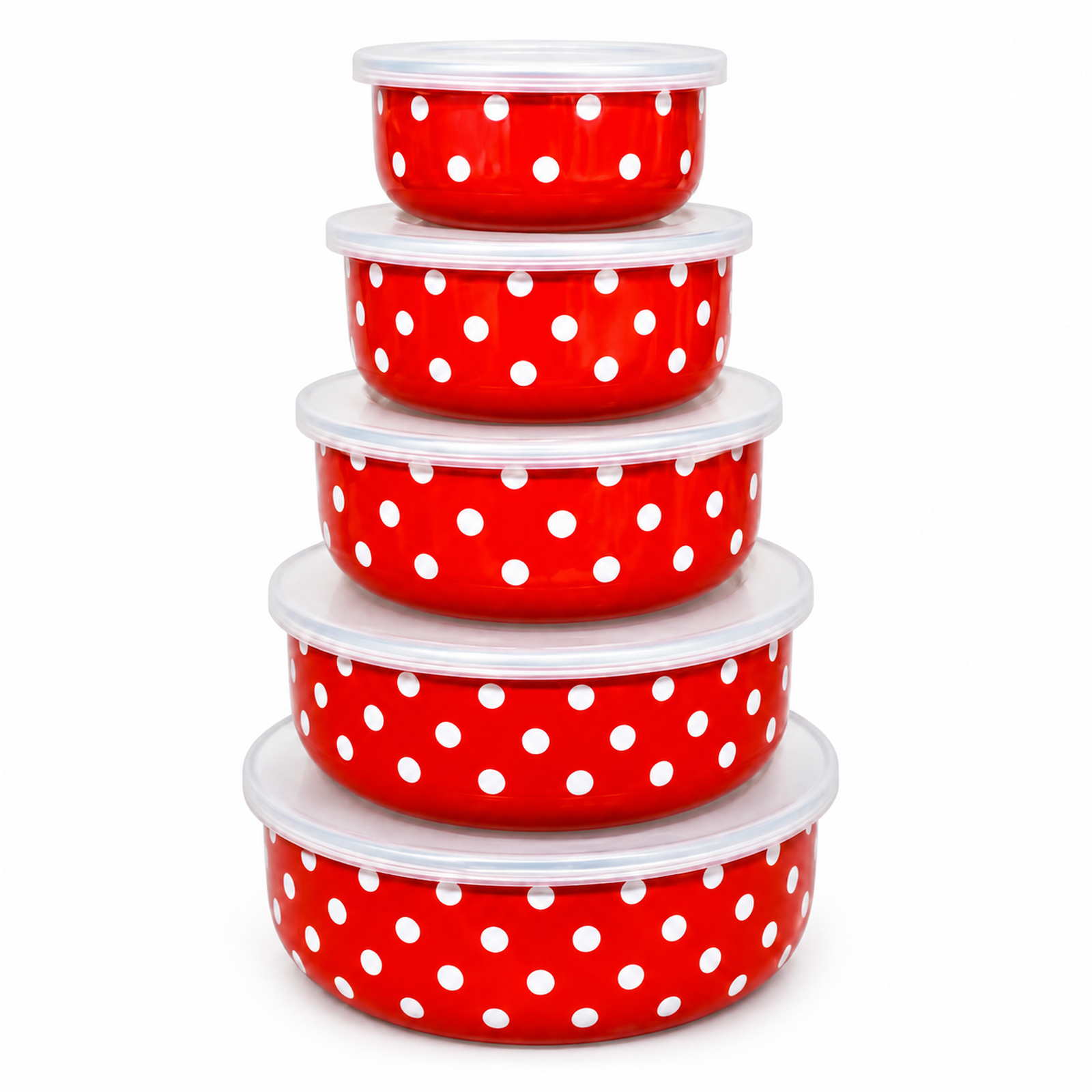 Red Polka Dots round-bottom enamel bowl set, 10 / 12 / 14 / 16 / 18 cm