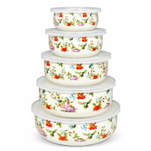 Birds & Flowers round-bottom enamel bowl set, 10 / 12 / 14 / 16 / 18 cm