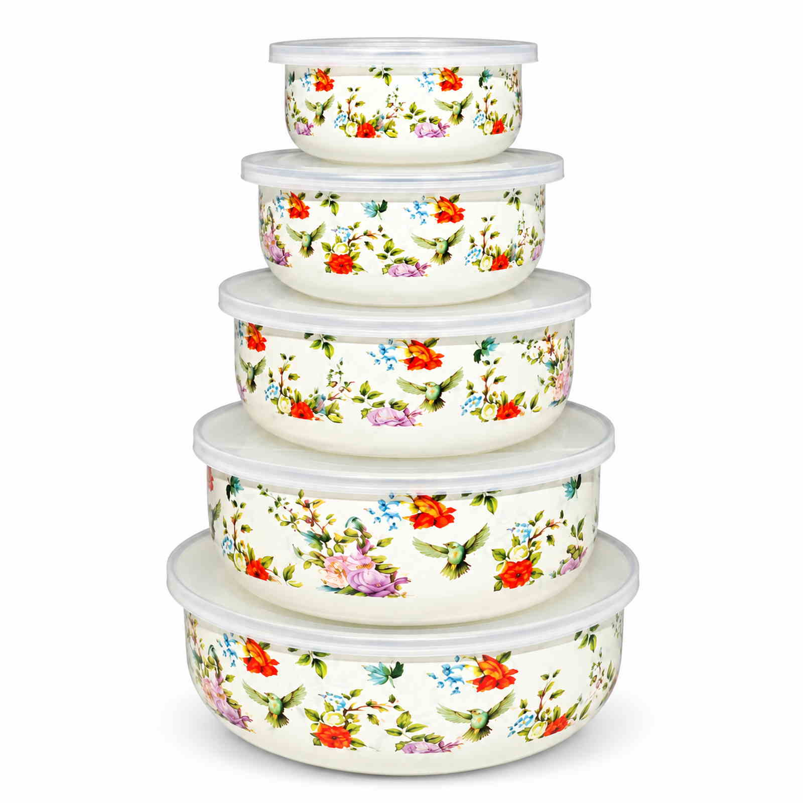 Birds & Flowers round-bottom enamel bowl set, 10 / 12 / 14 / 16 / 18 cm