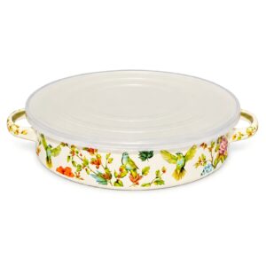 Birds & Flowers 28 cm Double-Handle Enamel Baking Pan with Lid on white background.