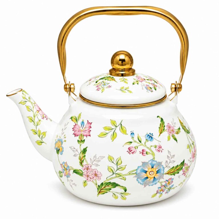 Fragrant Flowers Gold-Rim Pear-Shaped Enamel Kettle with Gold Handle, 1.5 L