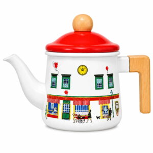 Red Street Scene wood-handle enamel kettle, 1 L