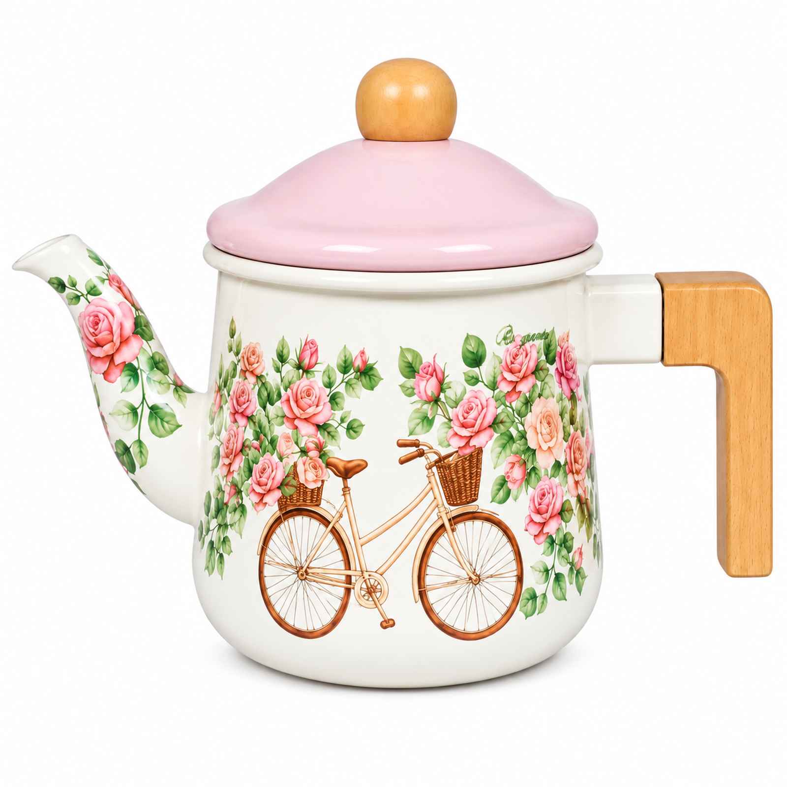 Rose Bicycle wood-handle enamel kettle, 1 L