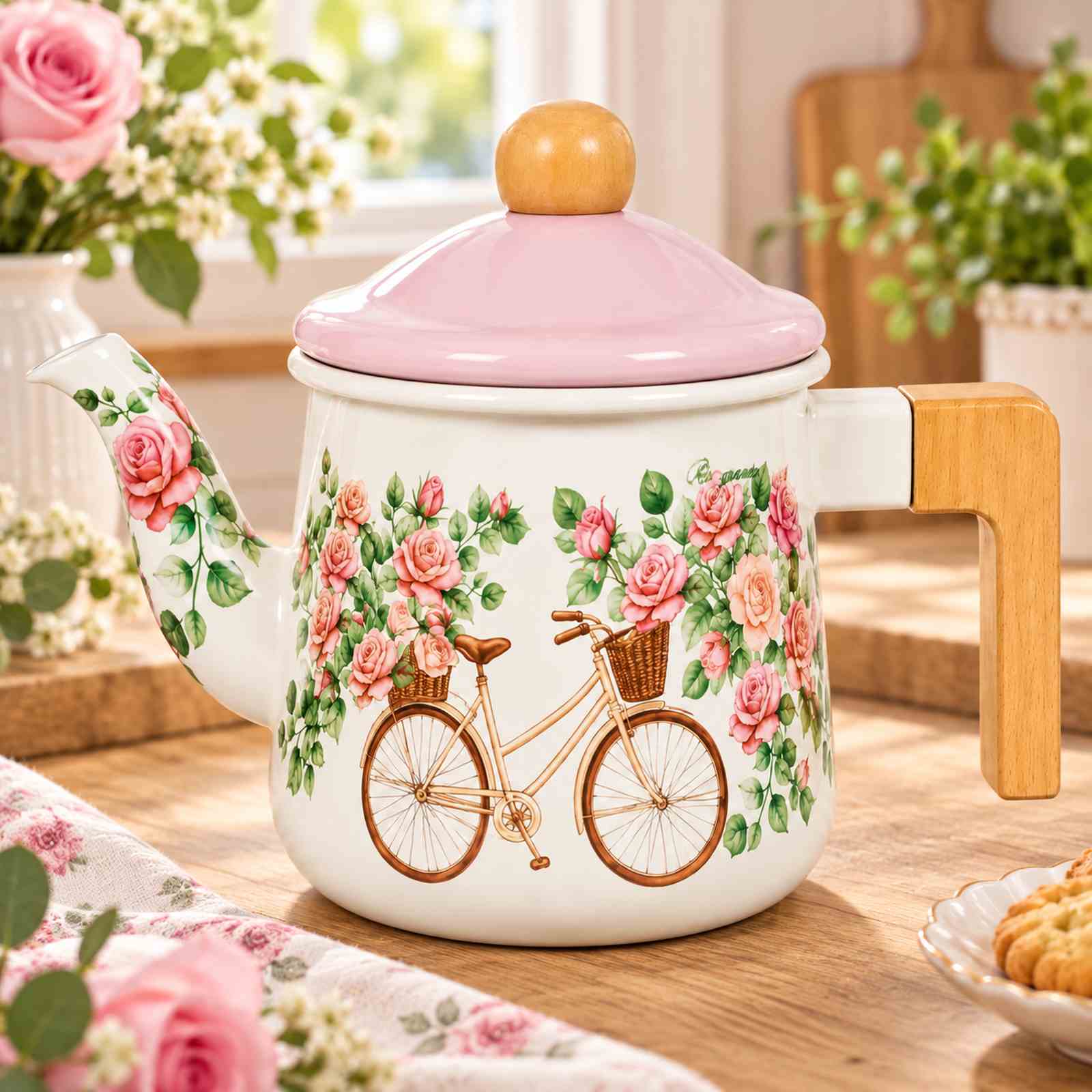 Rose Bicycle wood-handle enamel kettle in a styled kitchen or table setting