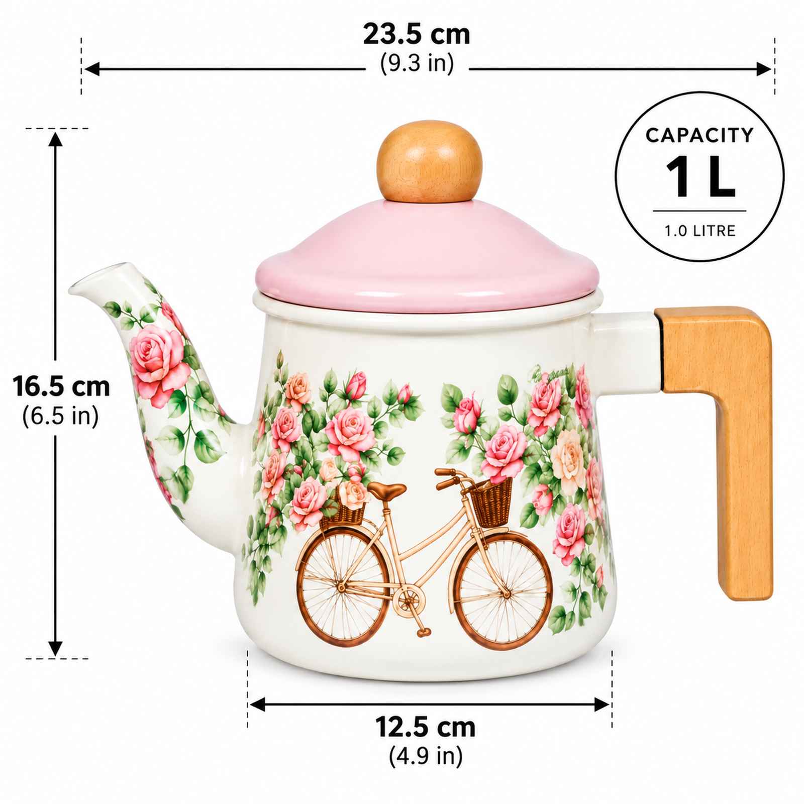 Rose Bicycle wood-handle enamel kettle size diagram, 1 L