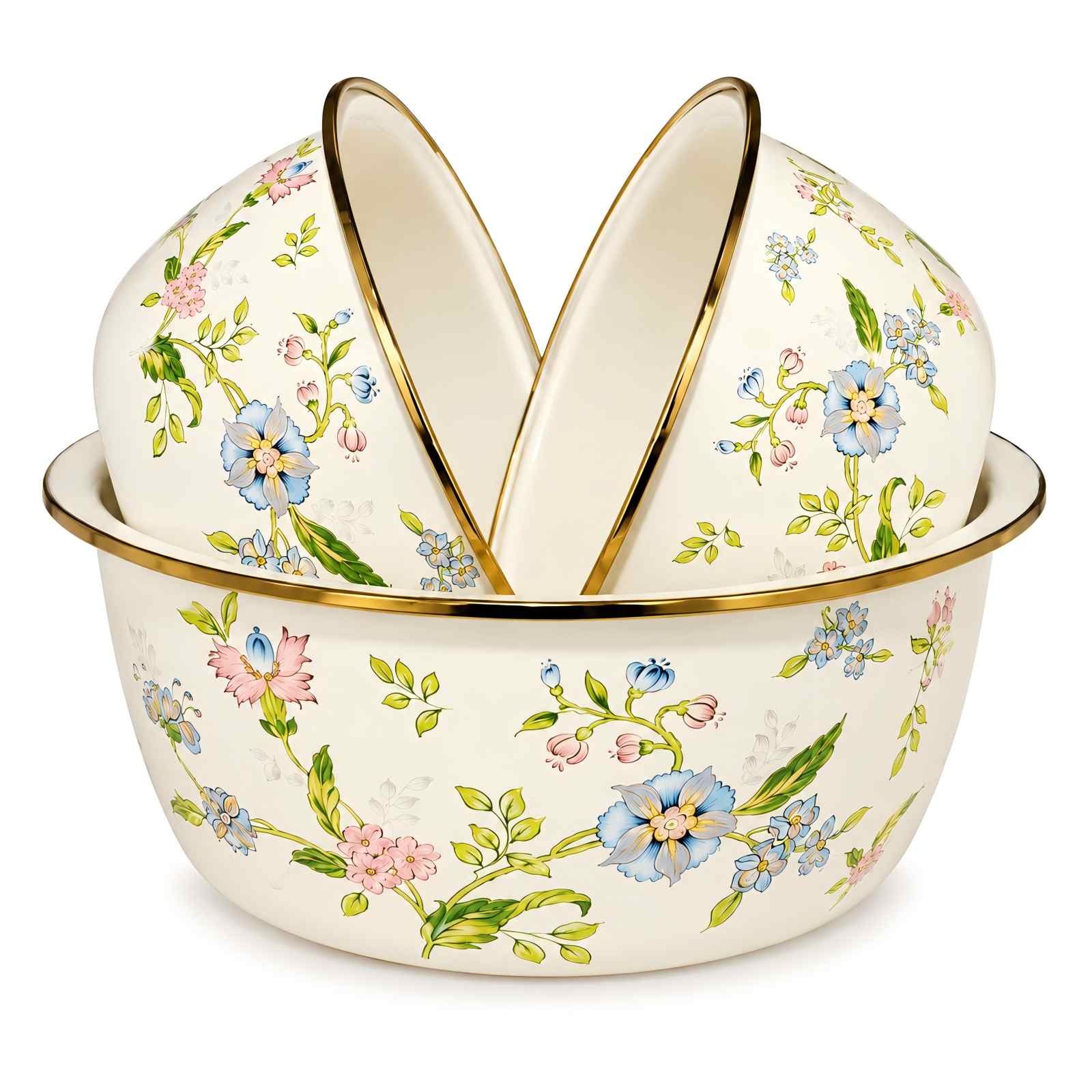 Fragrant Flowers 3-Piece Enamel Basin Set, 24/28/32 cm on white background.