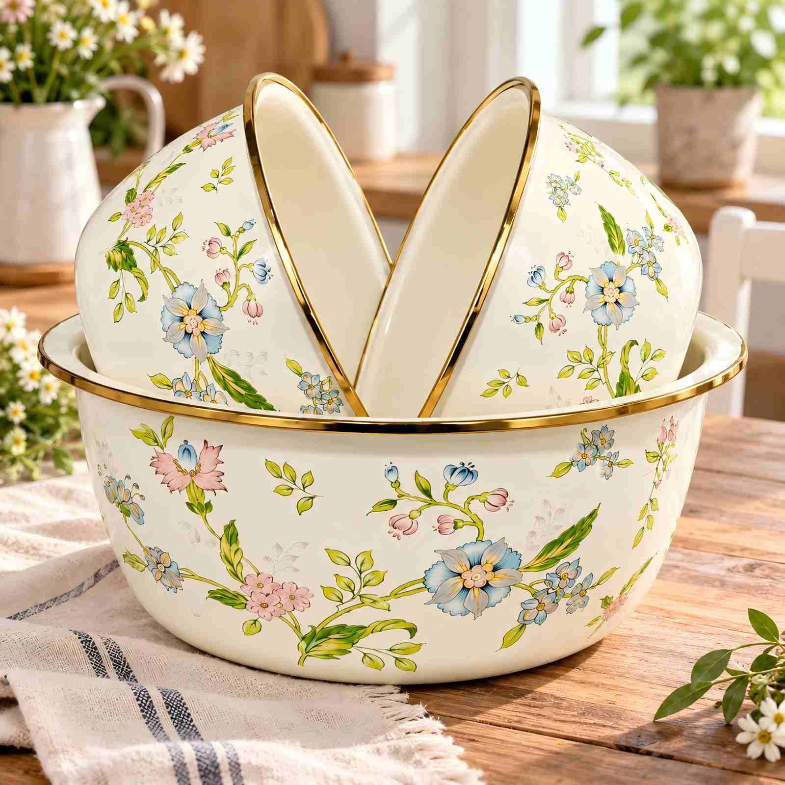 Fragrant Flowers 3-Piece Enamel Basin Set, 24/28/32 cm displayed in a light kitchen or tabletop scene.