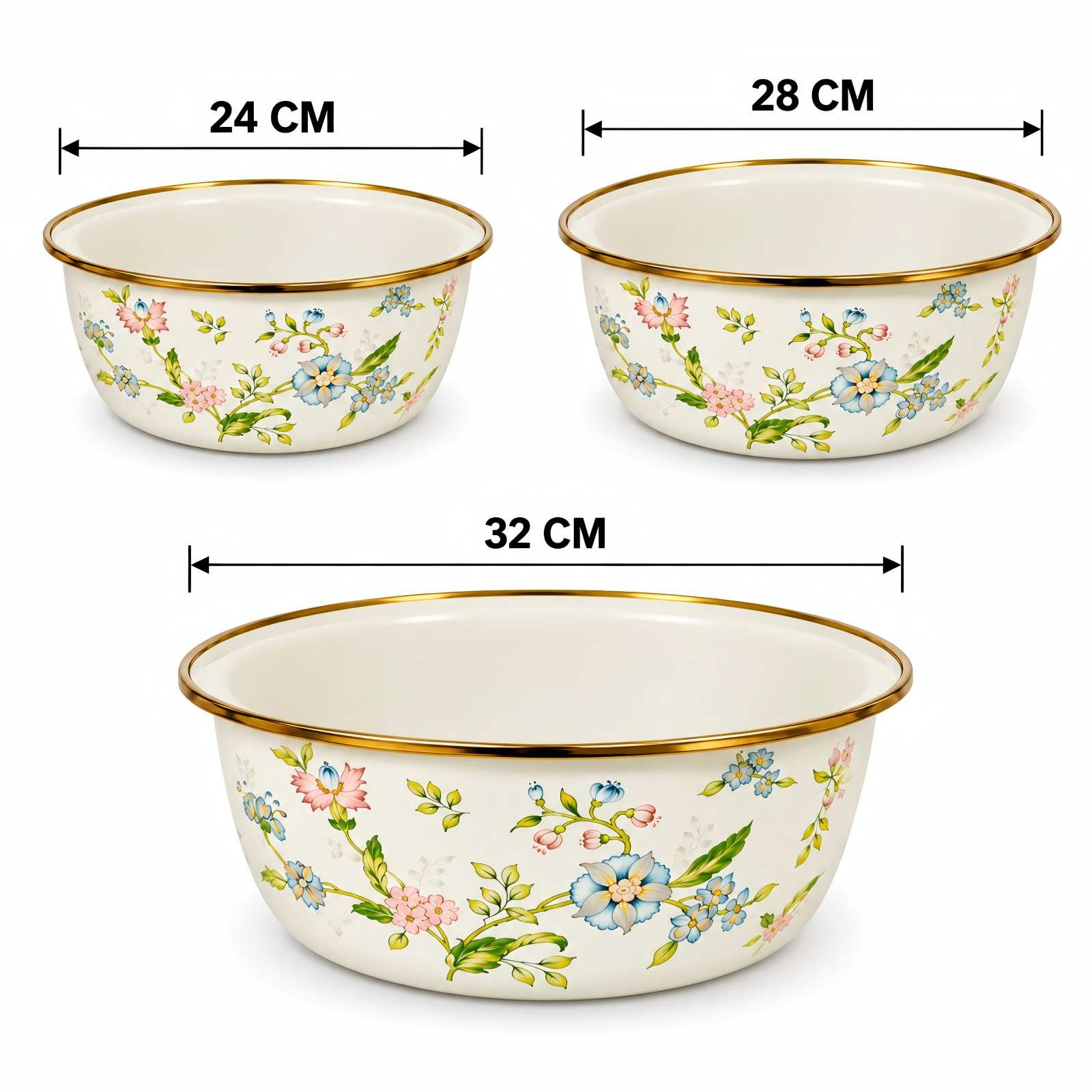 Size diagram for Fragrant Flowers 3-Piece Enamel Basin Set, 24/28/32 cm.