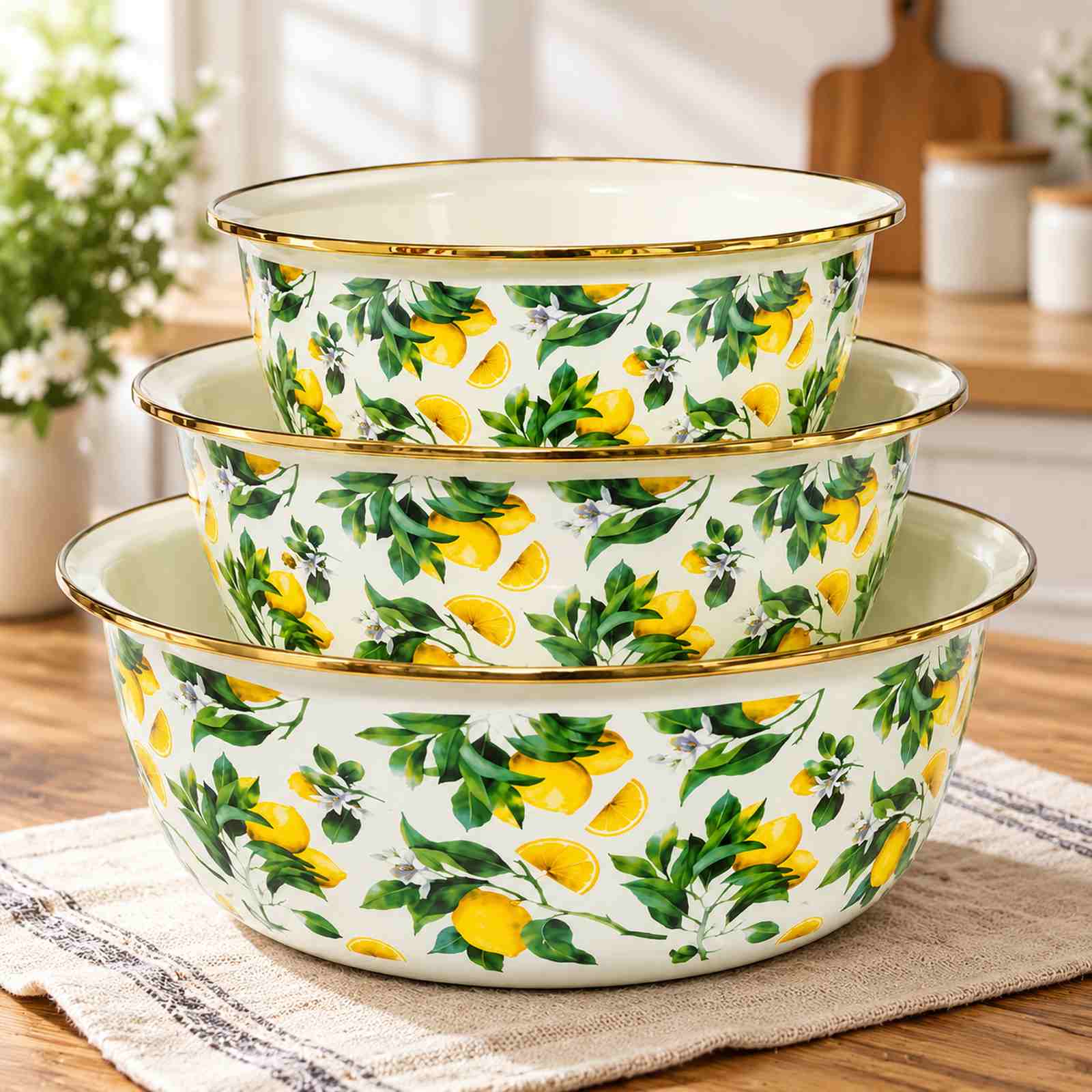 Lemon Branch enamel basin set in a styled kitchen or table setting