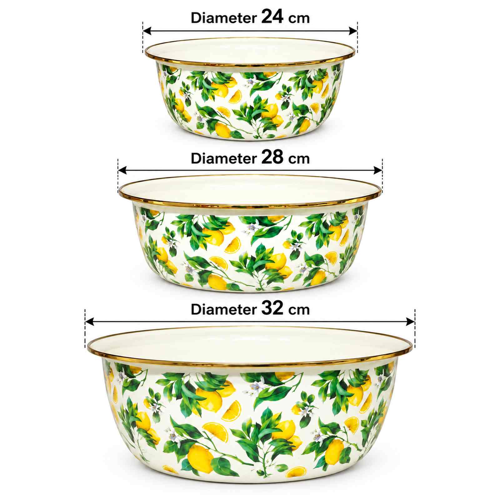 Lemon Branch enamel basin set size diagram, 24 / 28 / 32 cm