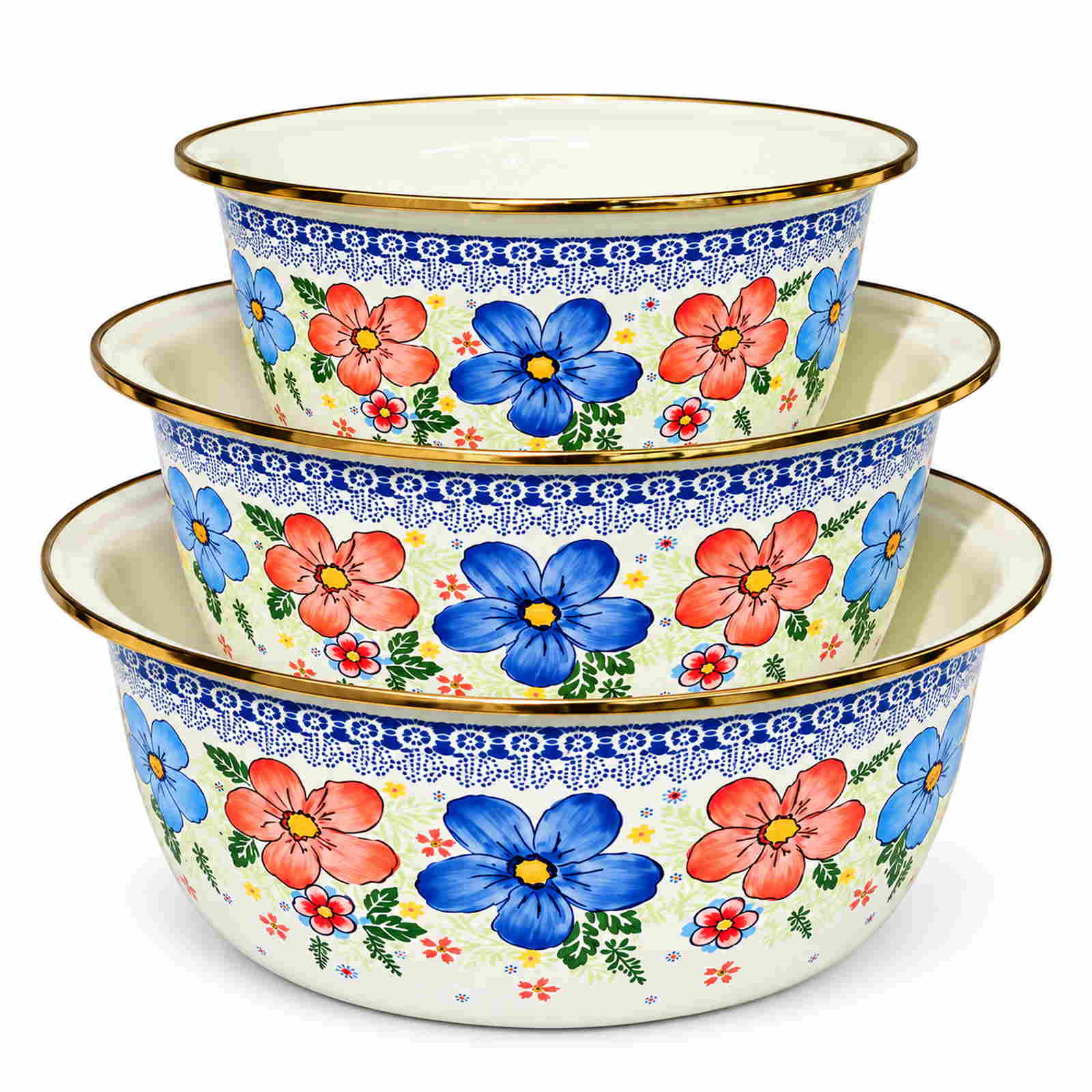 Summer Bloom enamel basin set, 24 / 28 / 32 cm