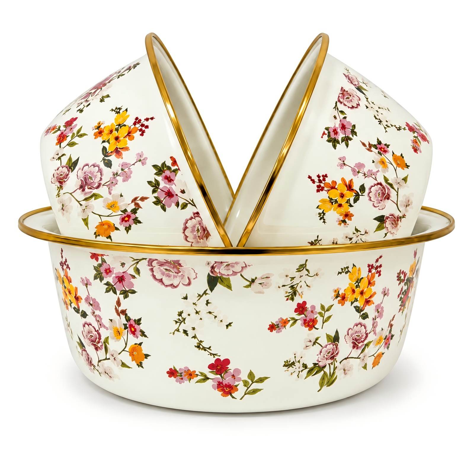 Heart Blossom 3-Piece Enamel Basin Set, 24/28/32 cm on white background.
