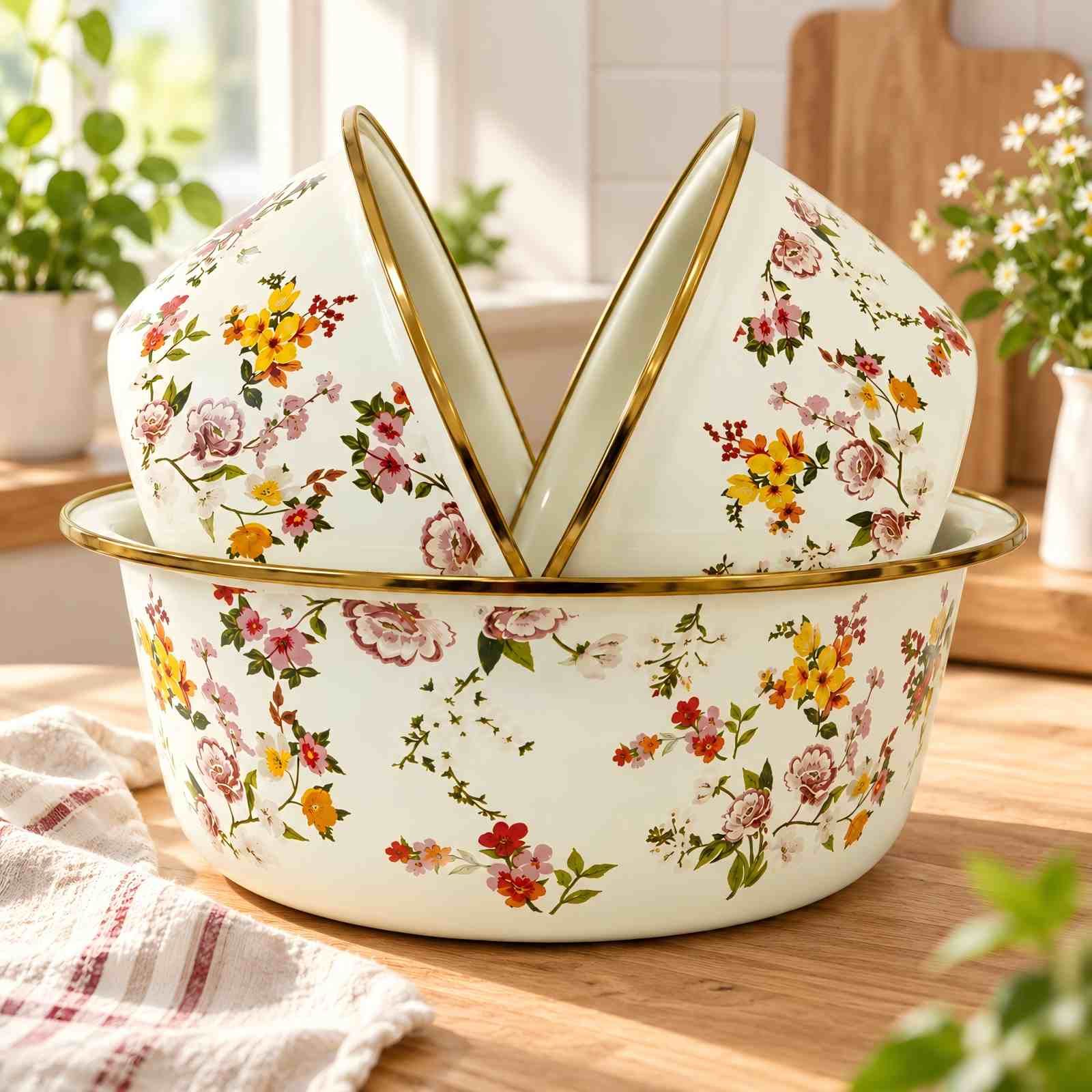 Heart Blossom 3-Piece Enamel Basin Set, 24/28/32 cm displayed in a light kitchen or tabletop scene.