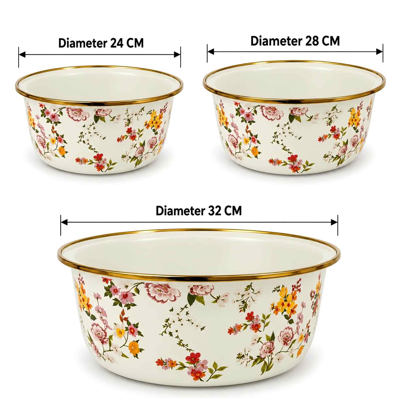 Size diagram for Heart Blossom 3-Piece Enamel Basin Set, 24/28/32 cm.