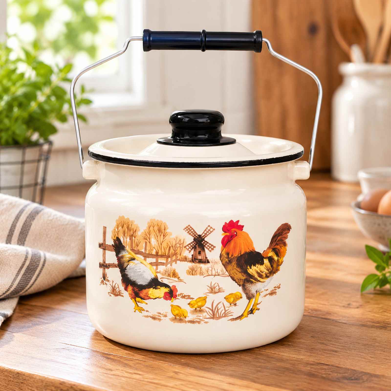 Rooster enamel milk pail in a styled kitchen or table setting