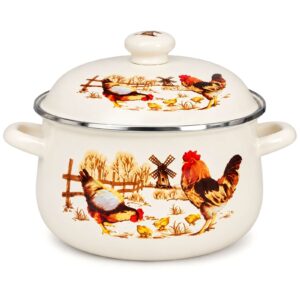 Rooster pattern double handle enamel soup pot with lid on white background.