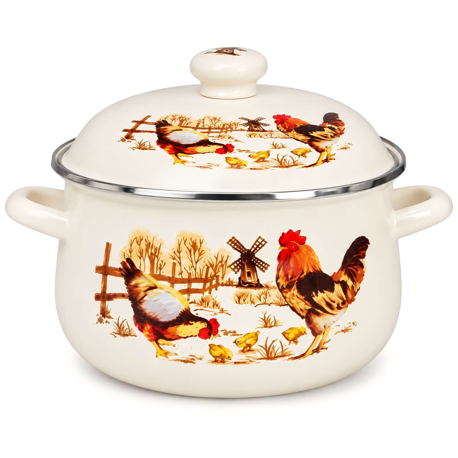 Rooster pattern double handle enamel soup pot with lid on white background.