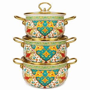 Russian Floral gold-rim enamel pot set, 18 / 20 / 22 cm