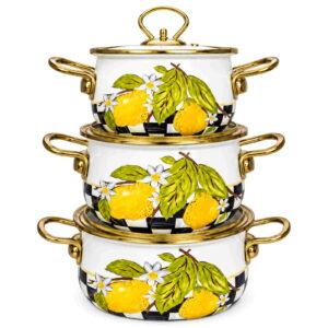 Checkered Lemons gold-rim enamel pot set, 18 / 20 / 22 cm