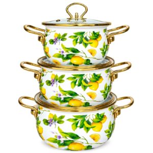 Lemon Branch gold-rim 3-piece enamel pot set in 18, 20 and 22 cm sizes on white background.