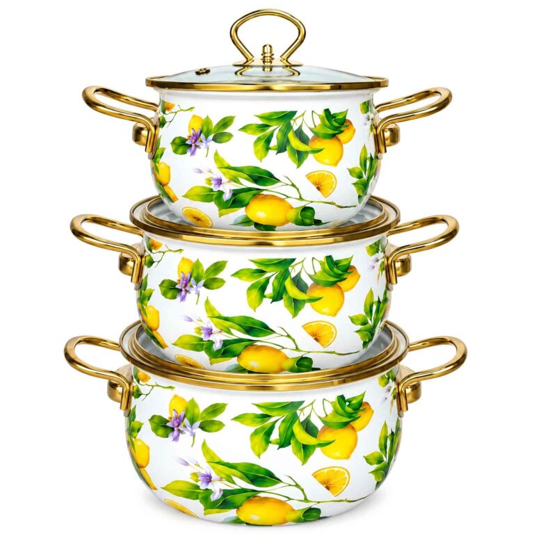 Lemon Branch Gold-Rim 3-Piece Enamel Pot Set, 18/20/22 cm