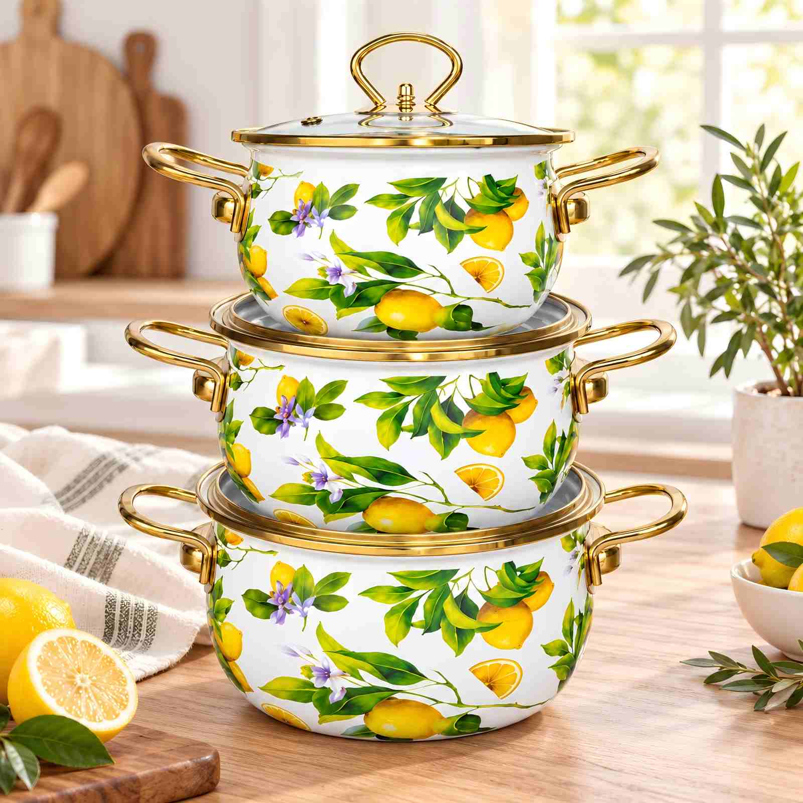 Lemon Branch gold-rim 3-piece enamel pot set displayed in a light kitchen scene.