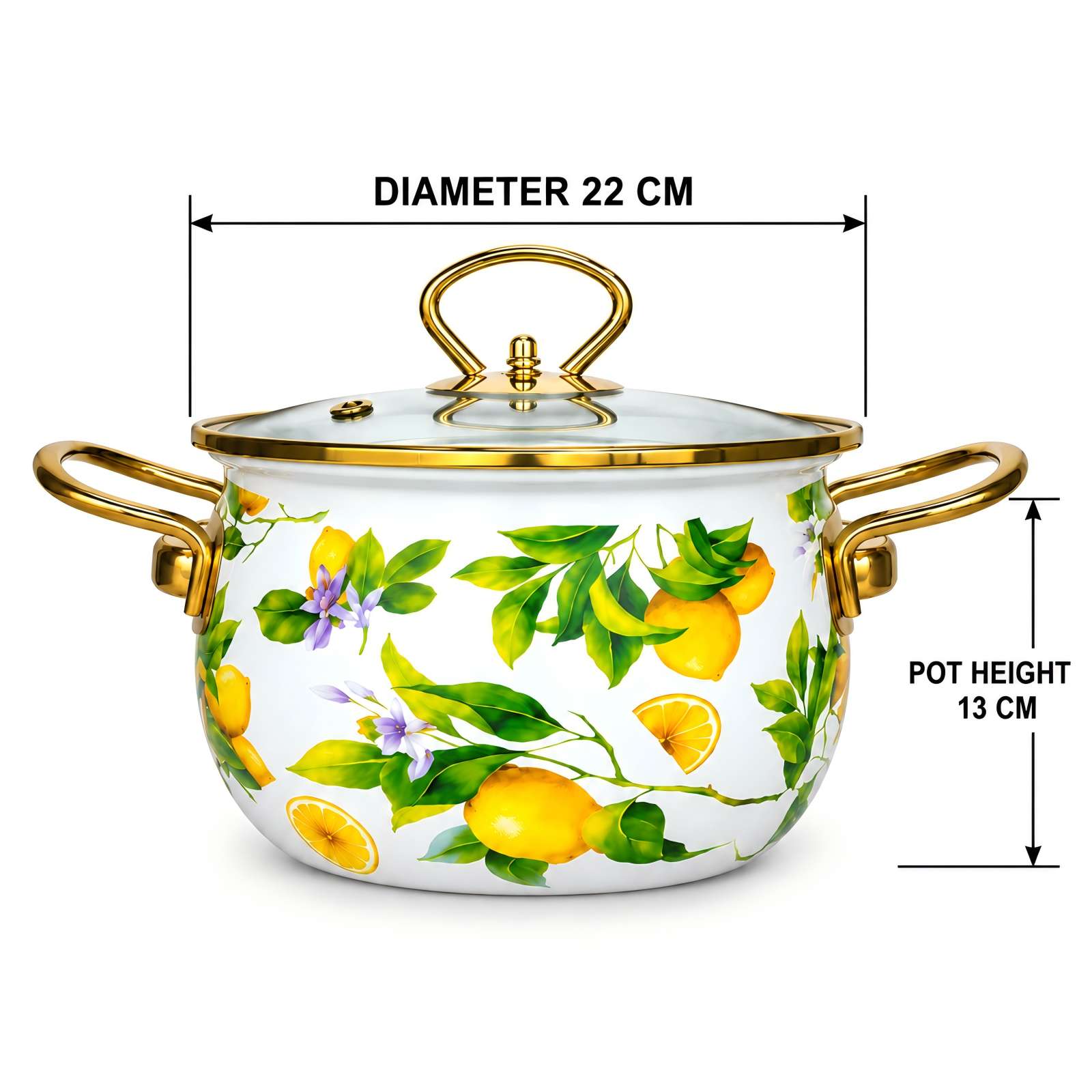 Size diagram of the 22 cm pot from the Lemon Branch gold-rim 3-piece enamel pot set, with 13 cm pot height.