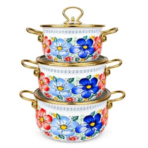 Summer Bloom Gold-Rim 3-Piece Enamel Pot Set, 18/20/22 cm on white background.