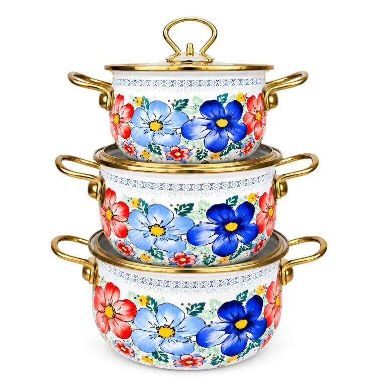 Summer Bloom Gold-Rim 3-Piece Enamel Pot Set, 18/20/22 cm