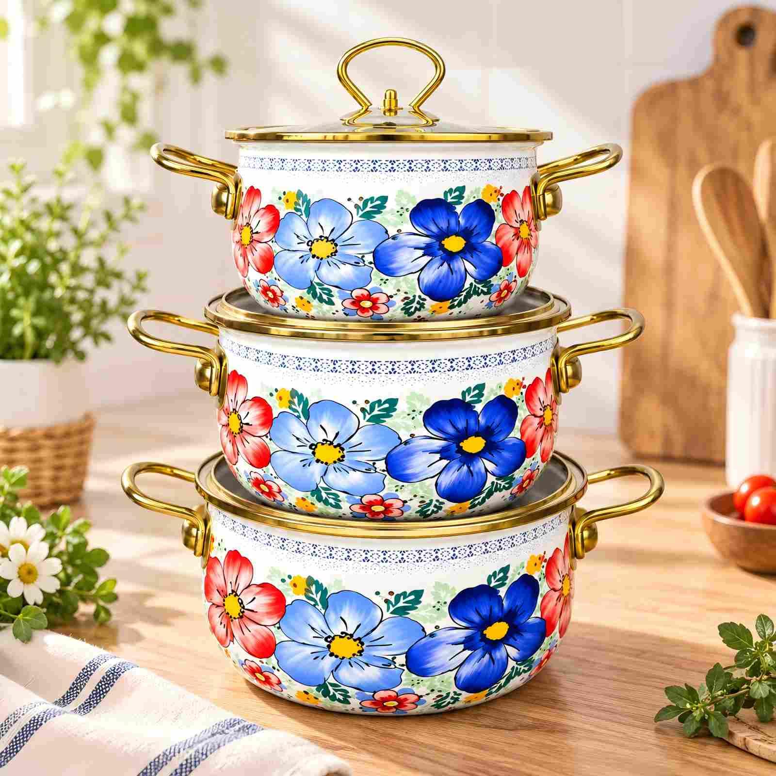 Summer Bloom Gold-Rim 3-Piece Enamel Pot Set, 18/20/22 cm displayed in a light kitchen or tabletop scene.